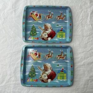 2X VTG Daher Decorated Ware Metal Tray Santa Reindeer Sleigh Christmas England